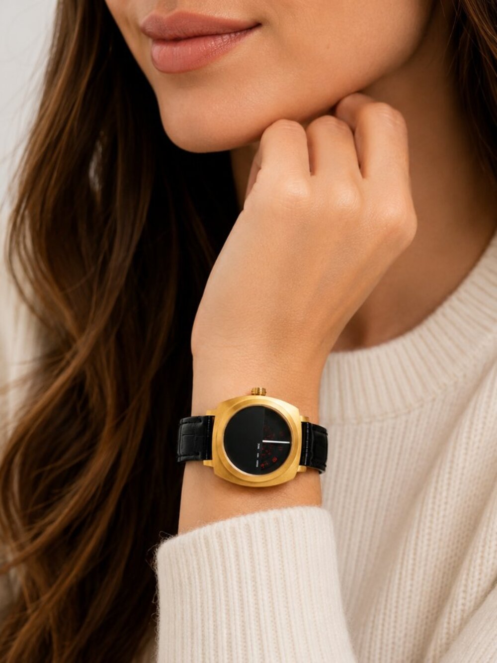Mishali Gold Tone Minimalist Watch Black Genuine Leather Strap Modern Women's